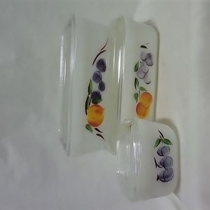 Vintage Fire King "Gay Fad" Fruit Design White Milk Glass Refrigerator Dishes